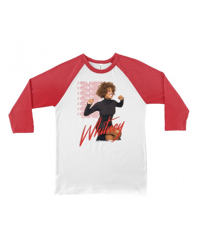 Whitney Houston 3/4 Sleeve Baseball Tee | I Will Always Love You Red Repeating Image Shirt $7.43 Shirts