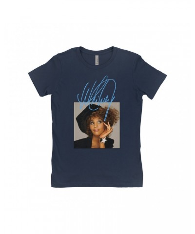 Whitney Houston Ladies' Boyfriend T-Shirt | Whitney Star Photoshoot With True Blue Signature Shirt $17.74 Shirts