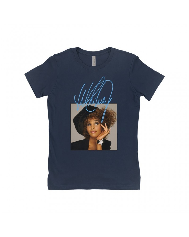 Whitney Houston Ladies' Boyfriend T-Shirt | Whitney Star Photoshoot With True Blue Signature Shirt $17.74 Shirts