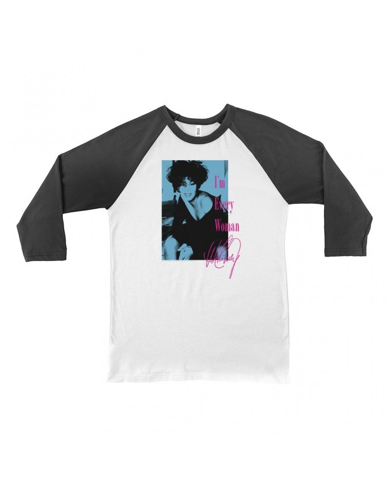 Whitney Houston 3/4 Sleeve Baseball Tee | I'm Every Woman Pink And Turquoise Inverted Design Shirt $7.91 Shirts