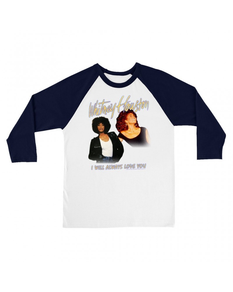 Whitney Houston 3/4 Sleeve Baseball Tee | I Will Always Love You Yellow Photo Collage Image Shirt $7.59 Shirts