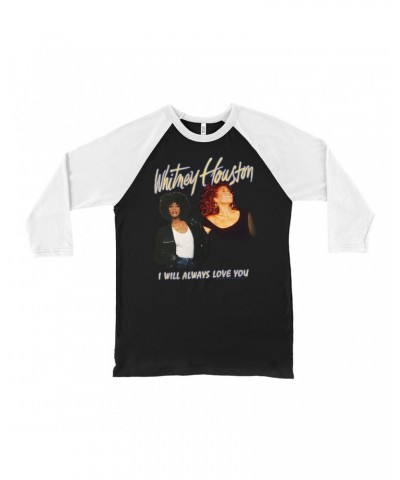 Whitney Houston 3/4 Sleeve Baseball Tee | I Will Always Love You Yellow Photo Collage Image Shirt $7.59 Shirts