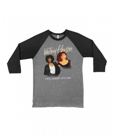 Whitney Houston 3/4 Sleeve Baseball Tee | I Will Always Love You Yellow Photo Collage Image Shirt $7.59 Shirts