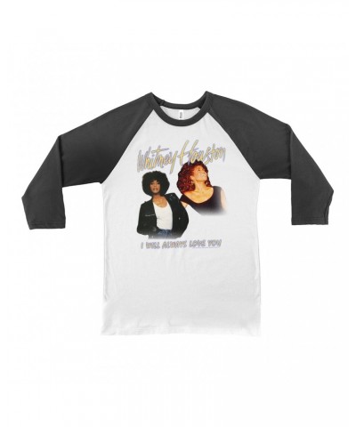 Whitney Houston 3/4 Sleeve Baseball Tee | I Will Always Love You Yellow Photo Collage Image Shirt $7.59 Shirts